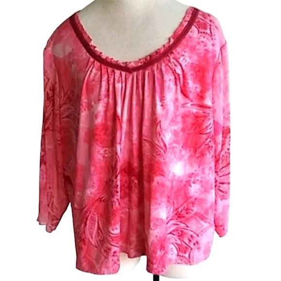 Caribbean Joe Tops - CARIBBEAN JOE WOMEN'S PLEASTED V-NECK SHEER SLEEVES PAISLEY FLORAL TOP SIZE 3X